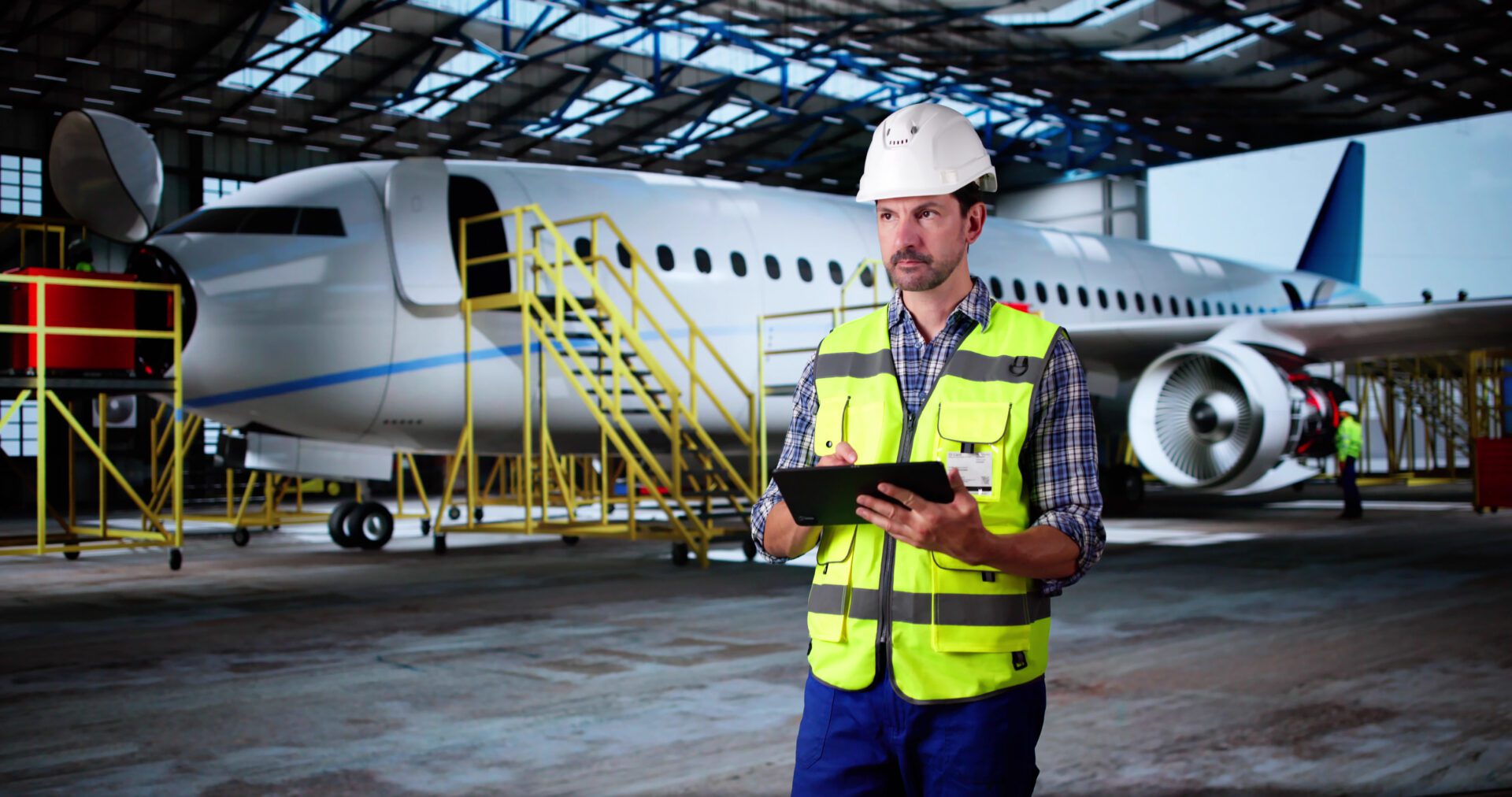 Engineer inspecting airplane in hangar