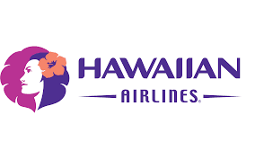 Logo of Hawaiian Airlines with purple text and a hibiscus flower.