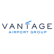 Logo of Vantage Airport Group with a stylized airplane.